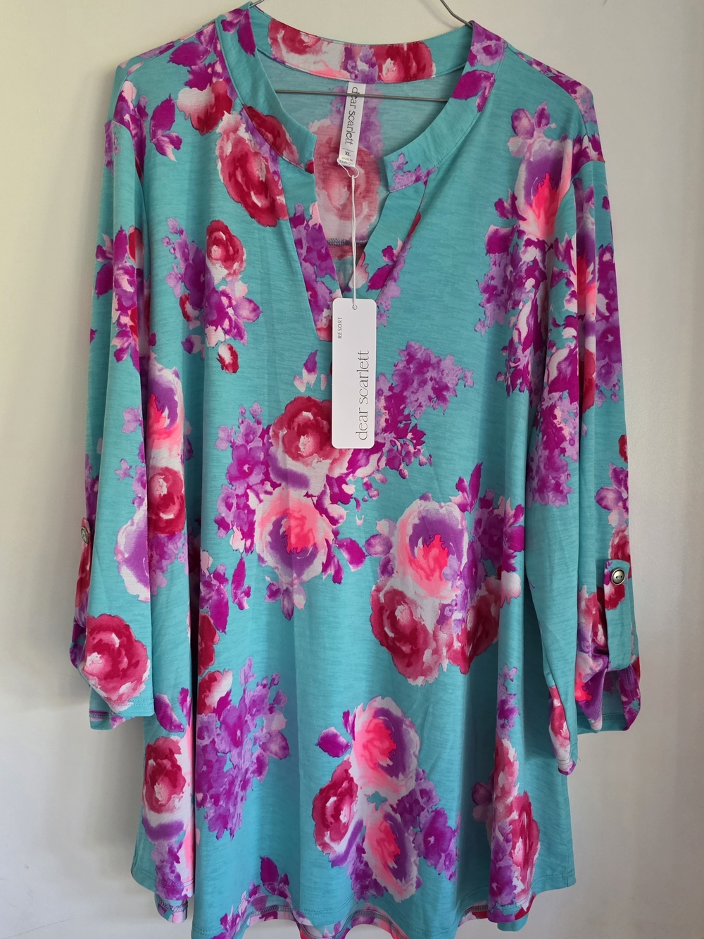 Dear Scarlett Turquoise Floral Tunic with Pink & Fuchsia Blooms XL